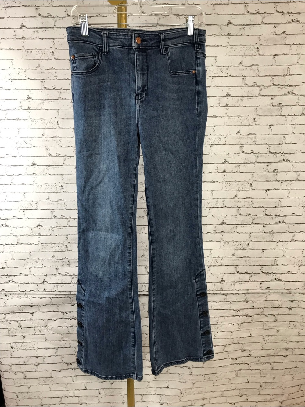 Anthropologie | Dark Blue High Rise Boot-Cut Jeans with Side Button Trim size 28